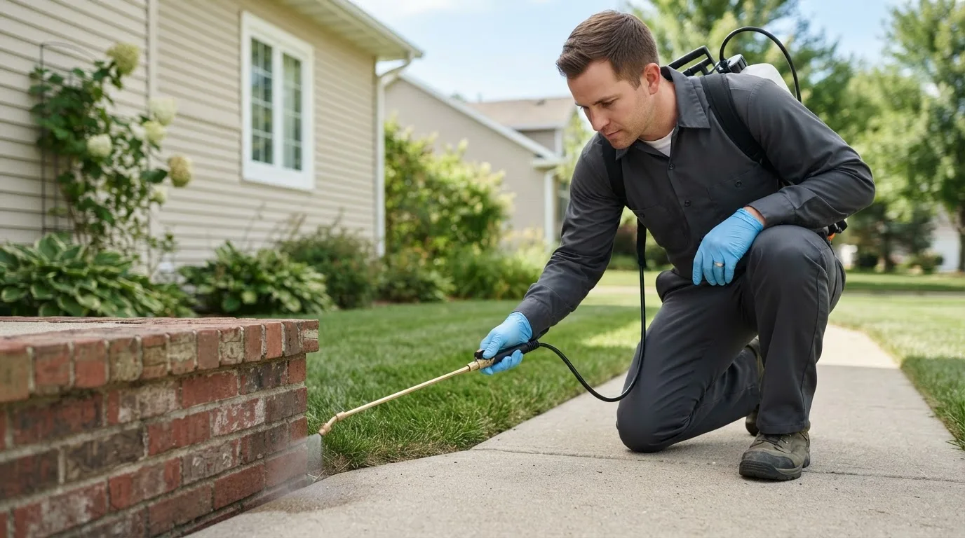 Pest control technician treating a home near Margie, MN